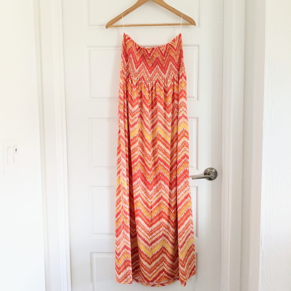 Strapless Plus Size Flowy‎ Maxi Dress Smocking Details XXL Beachy Summer Resort